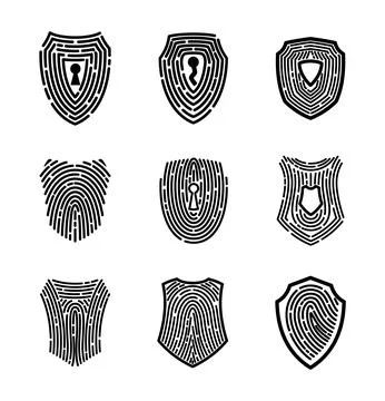 Secure shield fingerprint collection. Scan fingerprint, security or Stock Illustration