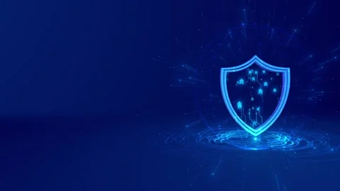 Secure shield hologram visual cyan defense icon, blue network particles, and wid Stock Footage 340526610