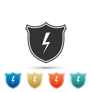Secure shield with lightning icon isolated on white background. Set elements in Stock Illustration