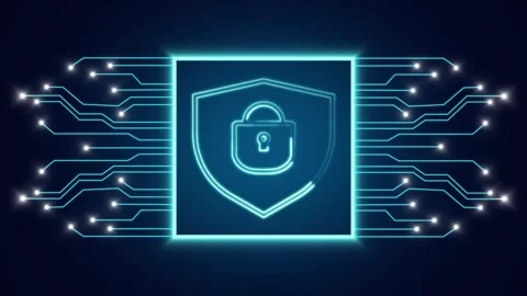 Secure shield lock icon illuminates a digital system grid background. Cyber.. Stock Footage 340528404