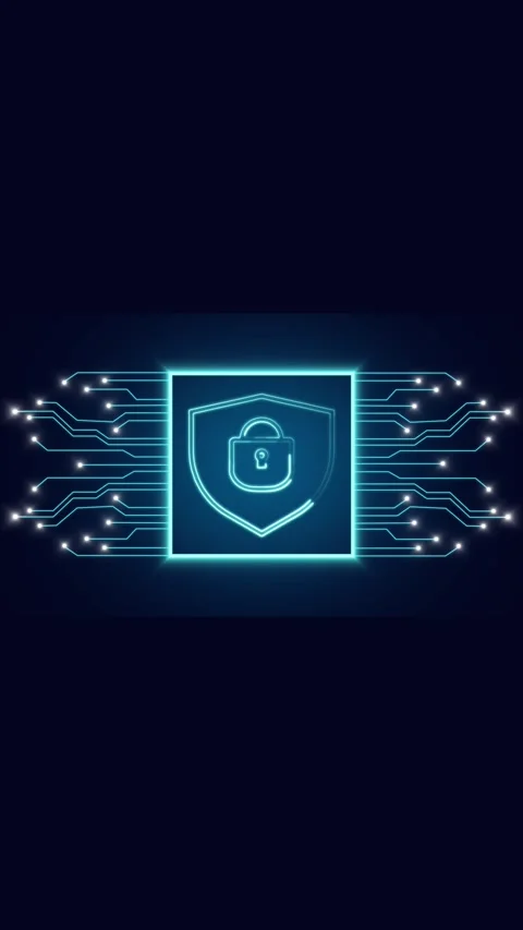 Secure shield lock icon illuminates a digital system grid background. Cyber.. Stock Footage 345968351