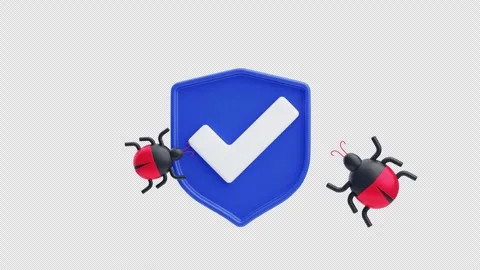 Secure shield protecting system from malware bugs 3d animation Video stock 326979243