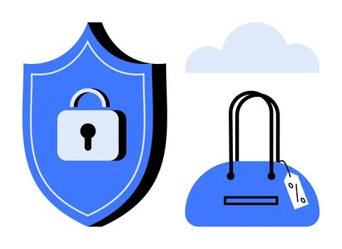 Secure Shopping Concept with Shield Lock and Shopping Bag Under Cloud Symbol 스톡 일러스트
