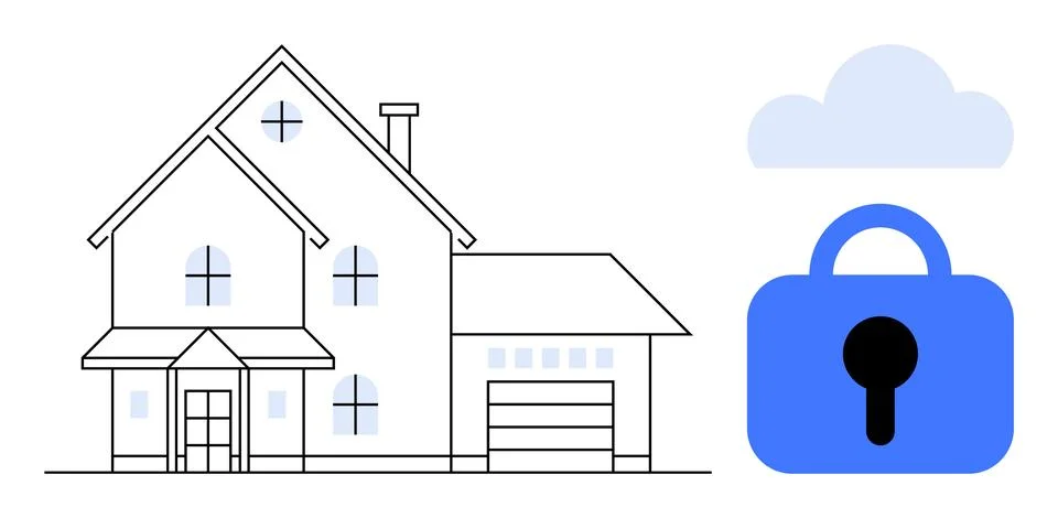 Secure Smart Home with Cloud Integration and Lock Icon Stock Illustration