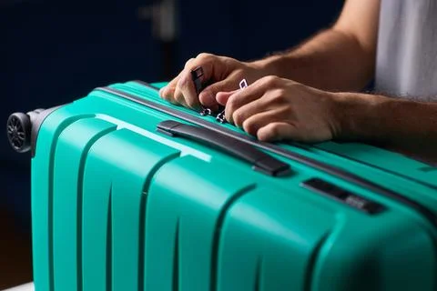 Secure suitcase with combo lock, Hands set combination on teal suitcase with Stock Photos
