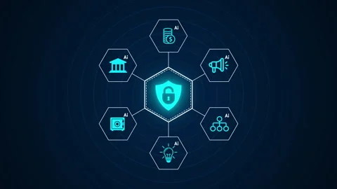 Secure tech with multiple AI elements and shield showing data protection Stock Footage 348190362