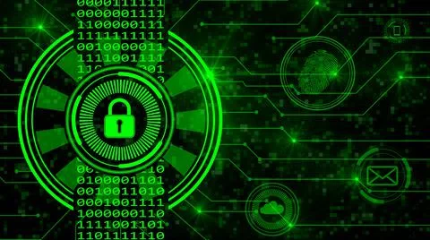 Secure technology concept - padlock binary code hud connecting lines green Illustrazione stock