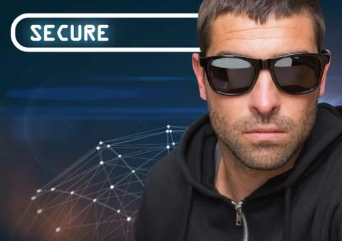 Secure text with cool man in sunglasses Stock Photos