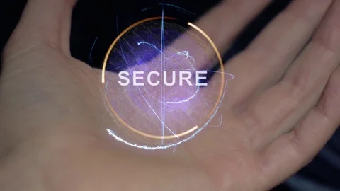 Secure text hologram on a female hand Stock Footage