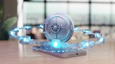 Secure Virtual Banking: Smartphone, Digital Vault Door, and Glowing Blockchain Stock Footage 337818455