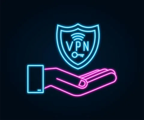 Secure VPN connection concept with hands. Hnads holding vpn neon sign. Virtual イラスト素材