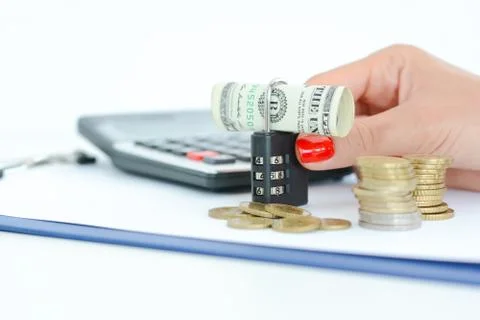 Secure your savings concept with cipher lock and money 스톡 사진