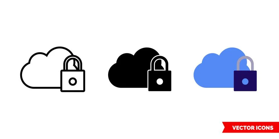 Secured cloud storage icon of 3 types color, black and white, outline. Isolat Stock Illustration