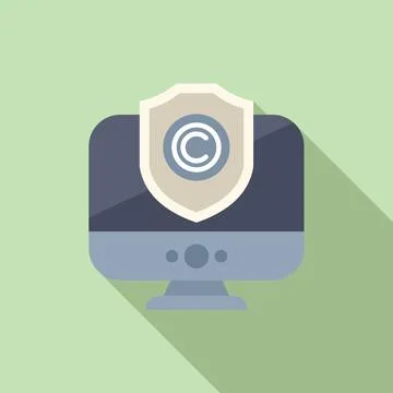 Secured computer screen copyright icon flat vector. Intellectual property Stock Illustration