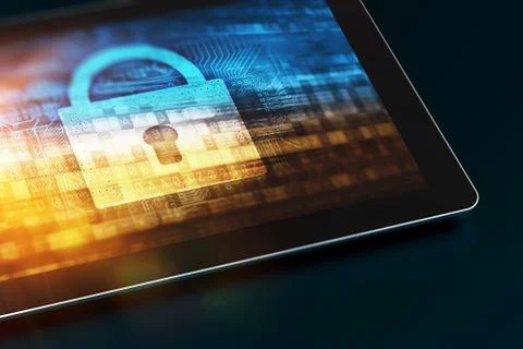 Secured Mobile Device. Tablet Computer with Security Concept on the Screen. Ilustración de archivo