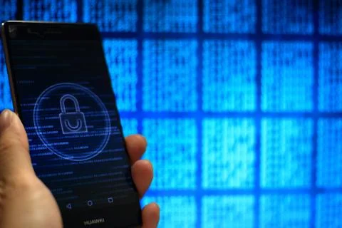 Secured private data in big data era. computer code and padlock icon in a han Stock Photos