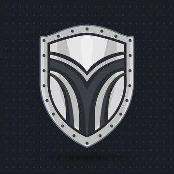 Secured technology. Metallic shield in dark background. Silver Protection. Stock Illustration