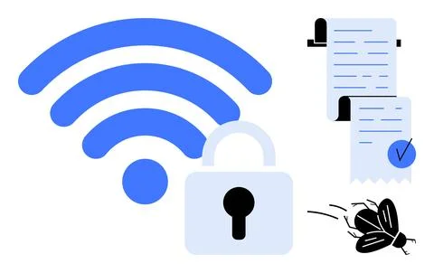 Secured wireless Network with Digital Document and Bug Fix Elements in Vect.. Illustrazione stock