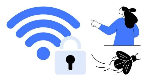 Secured wireless with Tech Support and Bug Troubleshooting Visual Stock Illustration