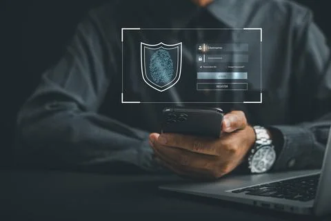 Securely access personal financial data with a futuristic biometric fingerprint Stock Photos