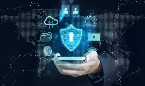 Securely Exploring the Global Digital World: Businessman's Hand Holds Smart.. Stock Photos