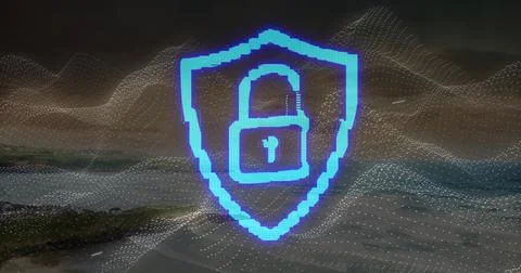 Securing data, neon-blue shield overlaying hills and winding road, with padlock Stock Photos