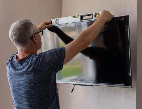 Securing the flat screen TV to the wall. Stock Photos