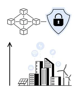 Securing Smart Cities Blockchain Integration with Renewable Energy and Tech.. Stock Illustration