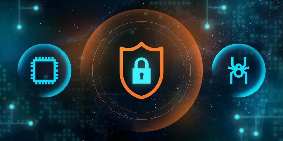 Securing transmitted data on the Internet. Malware Blocker. Hacking attack. Stock Illustration