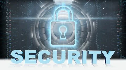 SECURITY - 3D letters in front of digital screen padlock on server room Stock Illustration
