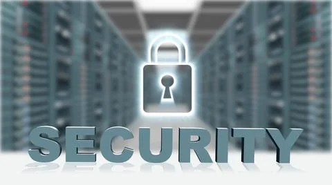 SECURITY - 3D letters in front of digital screen padlock on server room Stock Illustration