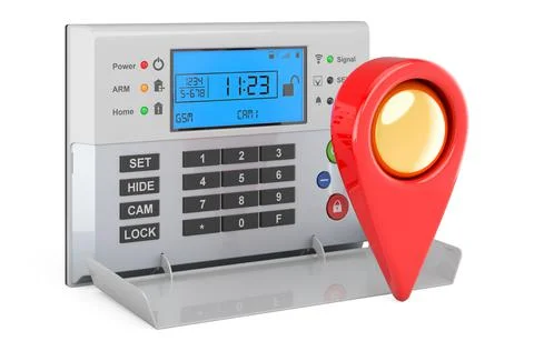 Security alarm system with map pointer. 3D rendering Illustrazione stock