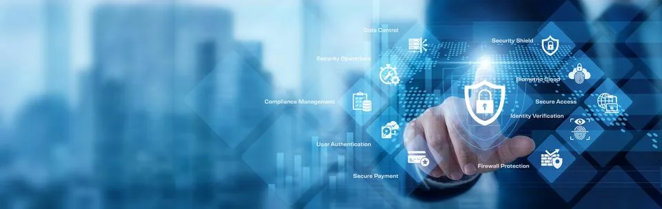 Security analyst analyzing digital data pointing hand at Cybersecurity prot.. Stock Photos