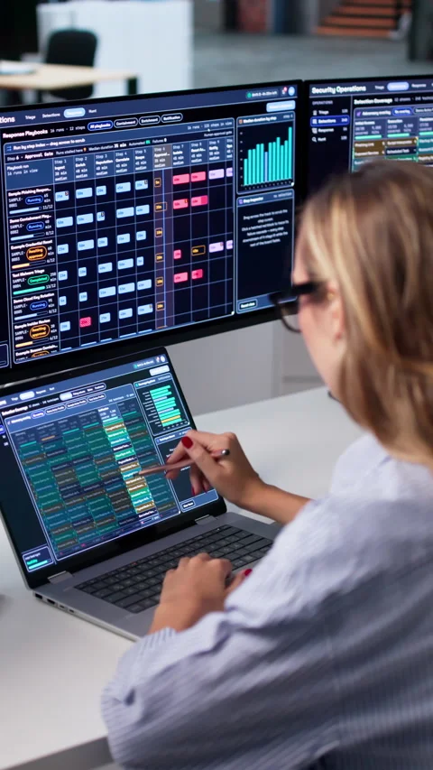 Security Analyst Carefully Monitors Threat Alerts On Computer Stock Footage 347902318