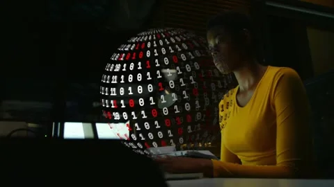 Security analyst typing keyboard while holo globe emerging and rotating for Stock Footage 318545515