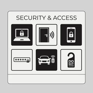 Security and Access icons set: laptop with lock, door with signal, smartpho.. Stock Illustration