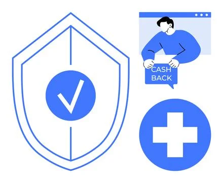 Security and Cashback Concept with Shield, Cross Symbol, and User Interface イラスト素材
