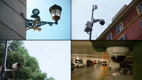 Security and control  in cities: surveillance cameras compositions Stock Footage 76888039
