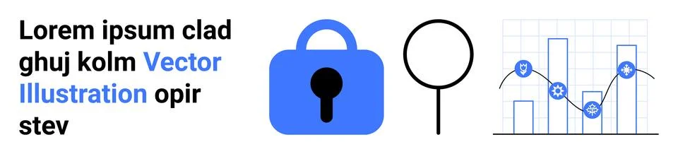 Security and Data Analysis Concept with Lock, Magnifying Glass, and Bar Chart Illustrazione stock