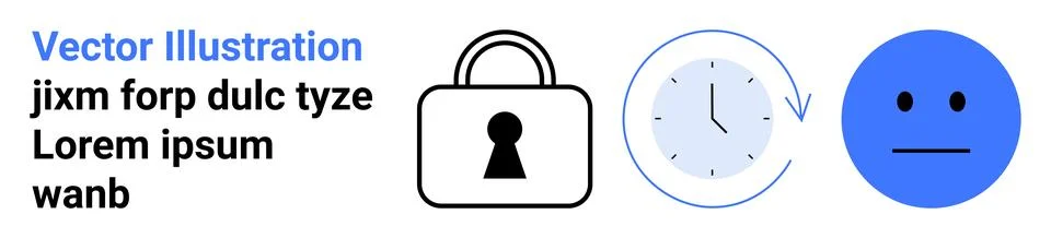 Security and Emotion Illustrative Elements Featuring Lock, Clock, and Face Ic 库存插图