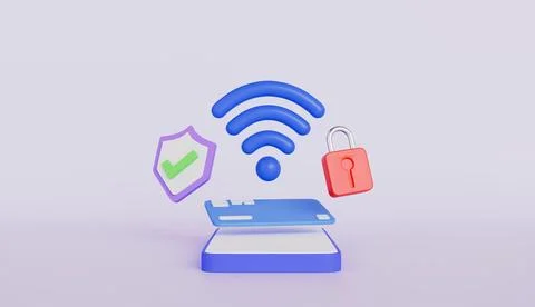 Security and mobile payments with floating elements wallet, credit card Stock Illustration