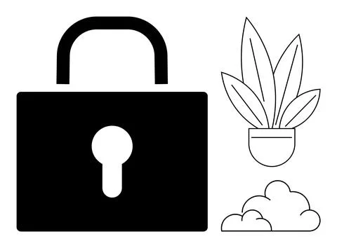 Security and Privacy Concept with Padlock and Decorative Plant Elements 库存插图