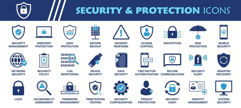 Security and Protection Icon Set. Collection of Log Monitoring, Encryption,.. Stock Illustration