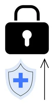 Security and Protection Lock, Shield with Cross, and Up Arrow Symbolize Saf.. Stock Illustration