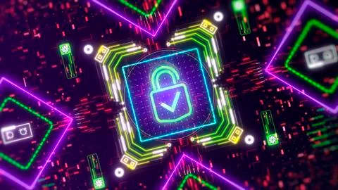 Security and protection. Padlock digital symbol on glitch cyber background. Stock Illustration