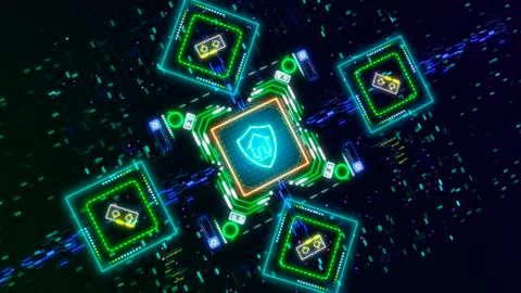 Security and protection. Shield and home symbol on glitch cyber background. Stock Illustration