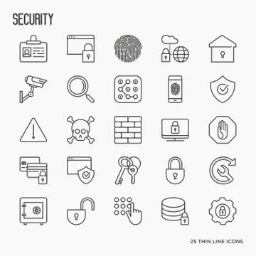 Security and protection thin line icons set: data, surveillance camera Illustrazione stock