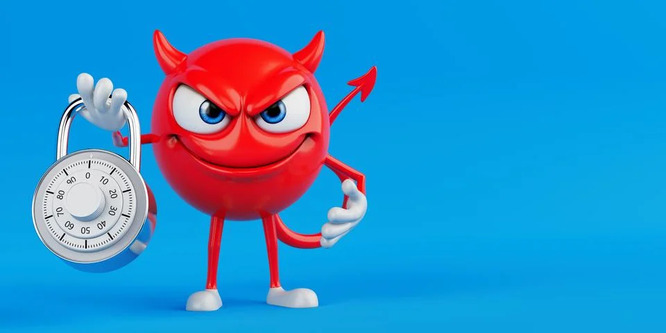 Security And Temptation Concept. Red Devil Cartoon Character Holding Combin.. Stock Illustration
