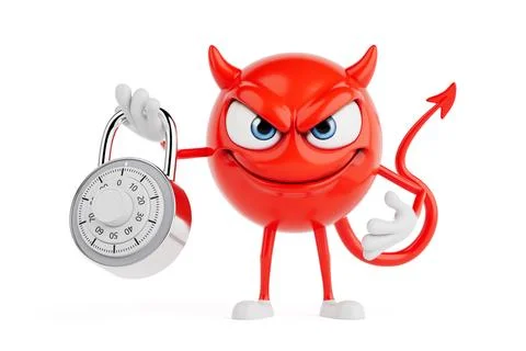 Security And Temptation Concept. Red Devil Cartoon Character Holding Combin.. Stock Illustration