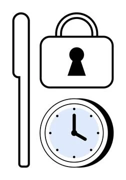 Security and Time Management Concepts Lock, Clock, and Key Elements Stock Illustration
